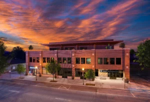 Shift Workspaces Littleton Colorado exterior building at sunset