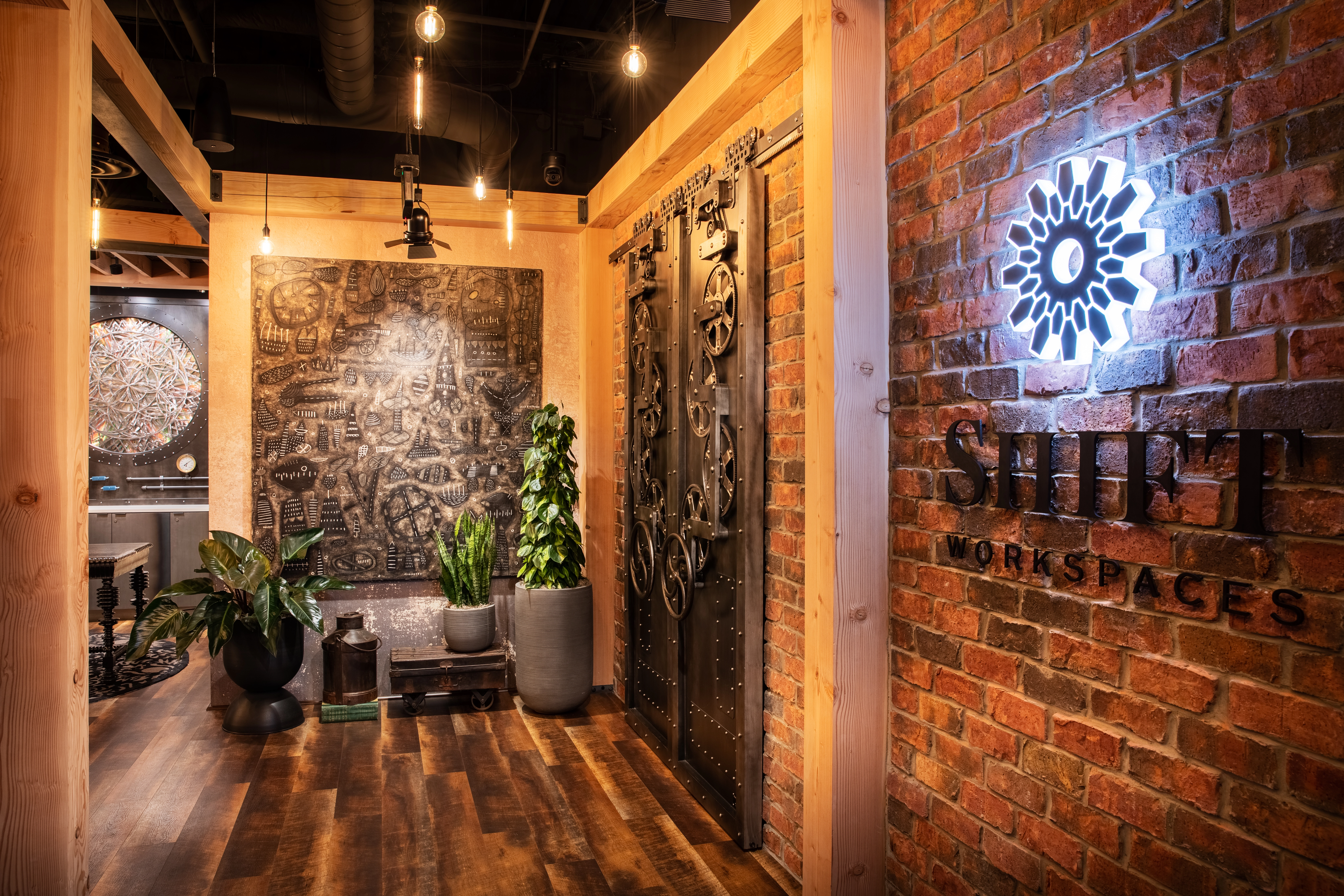 Interior view of Shift Workspaces Denver showcasing stylish design and amenities highlighting virtual office packages.