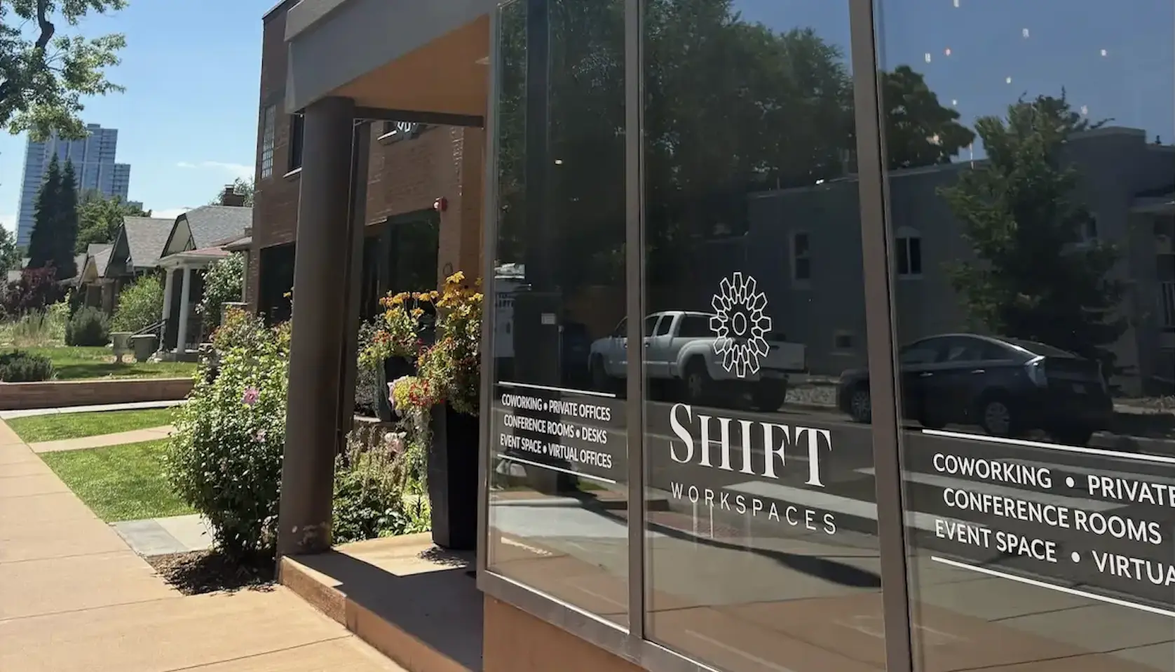 Company offsite Denver at Shift Workspaces exterior with coworking, private offices, event space, and meeting rooms