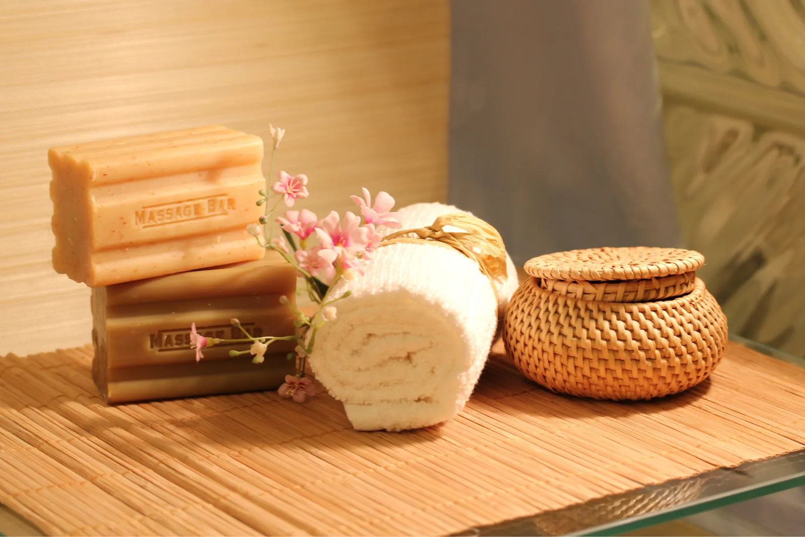 spa items on bamboo bench