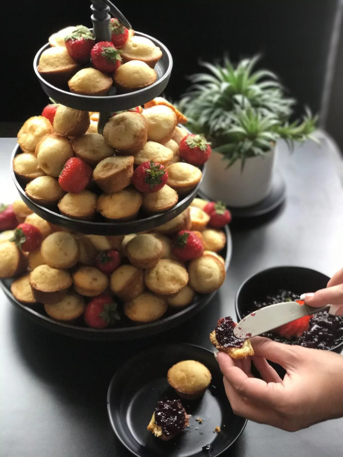 A tower of golden mini muffins and fresh strawberries at Shift Workspaces Denver and Shift Workspaces Littleton.