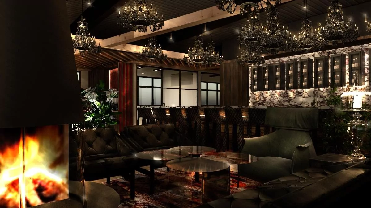 Chic lounge at Shift Workspaces Denver with velvet seating, chandeliers, and marble bar