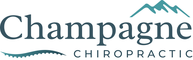 Champagne Chiropractic logo with mountain icon, displayed for spine health screening at Shift Workspaces Denver and Littleton.
